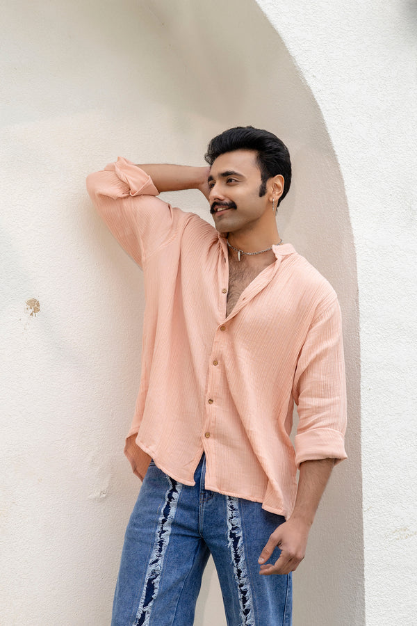 Peach Cotton Linen Blend Solid Shirt