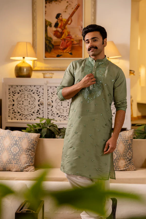 Green Mirror Embroidered Festive Kurta