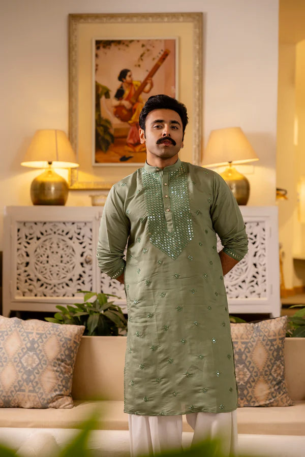 Green Mirror Embroidered Festive Kurta