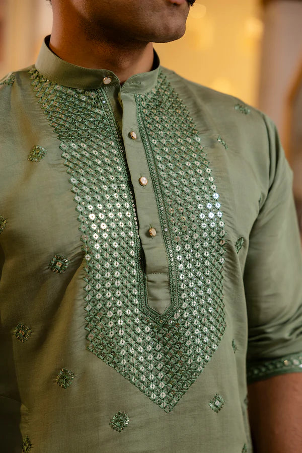 Green Mirror Embroidered Festive Kurta