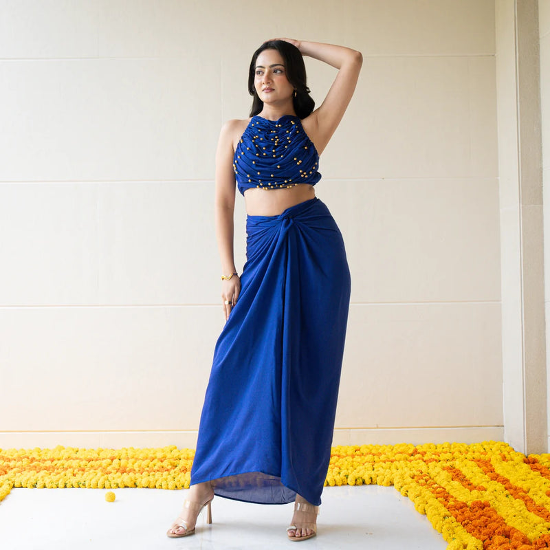 Indigo Muse Backless Draped Set
