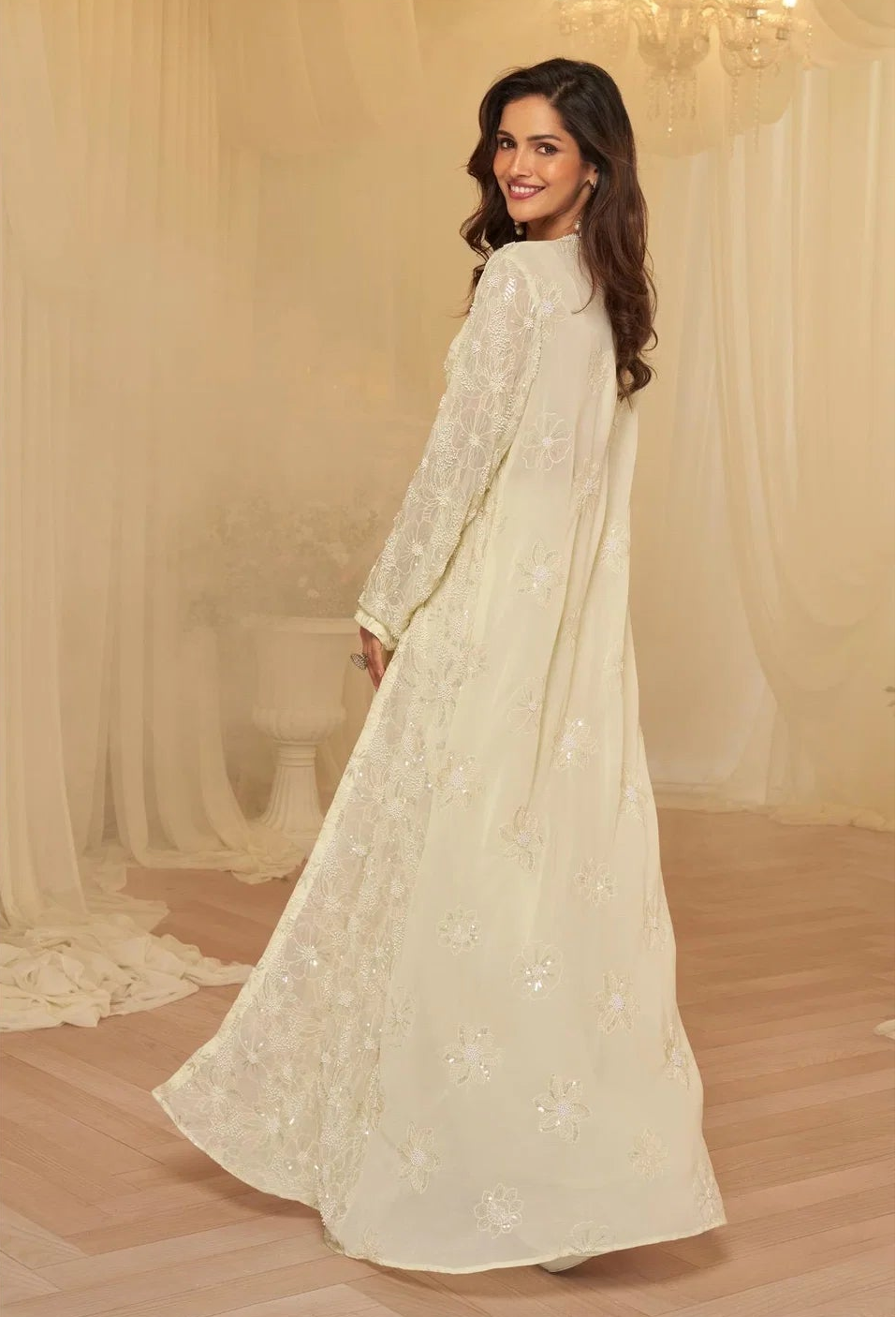 Ivory Embroidered Blouse, Palazzo & Jacket Set