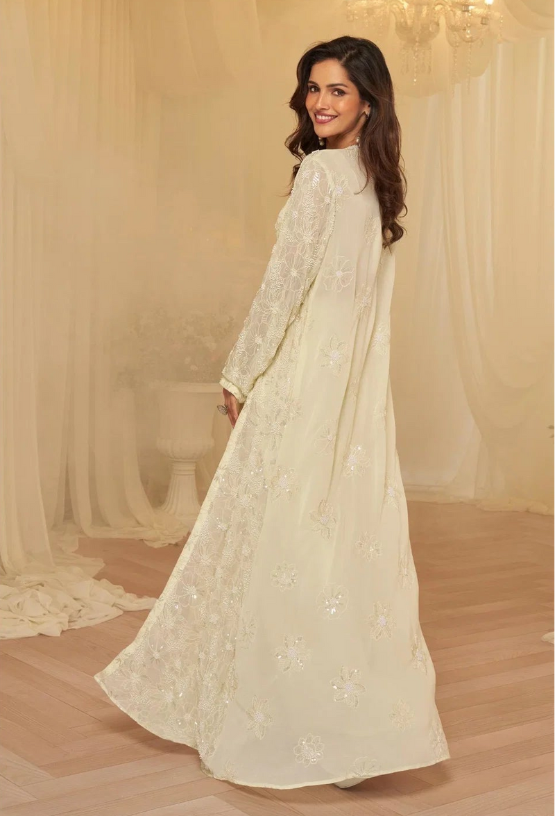 Ivory Embroidered Blouse, Palazzo & Jacket Set
