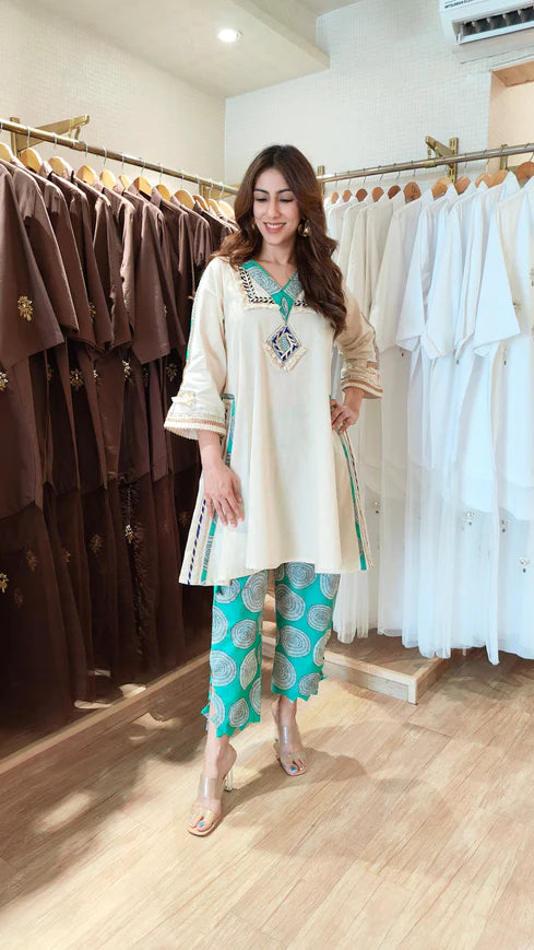 Ivory Cotton Flex Short Kurta with Green Printed Pant Set
