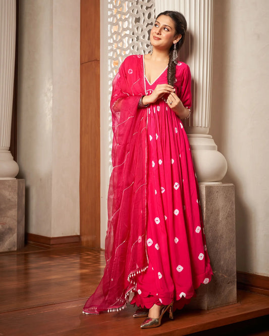 Gulnaar Pink Bandhani Silk Suit Set