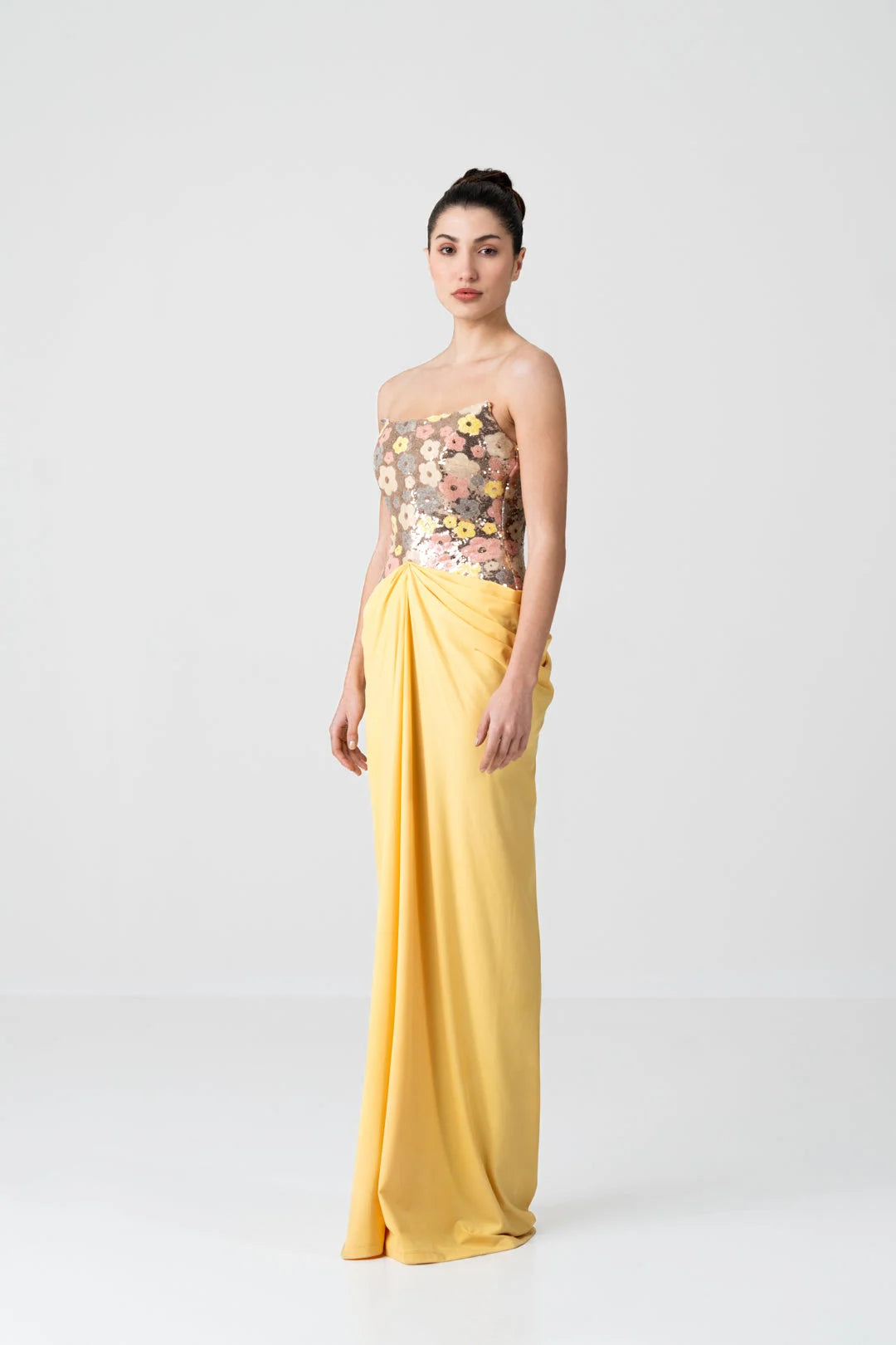 Golden Bloom Sequin Draped Gown