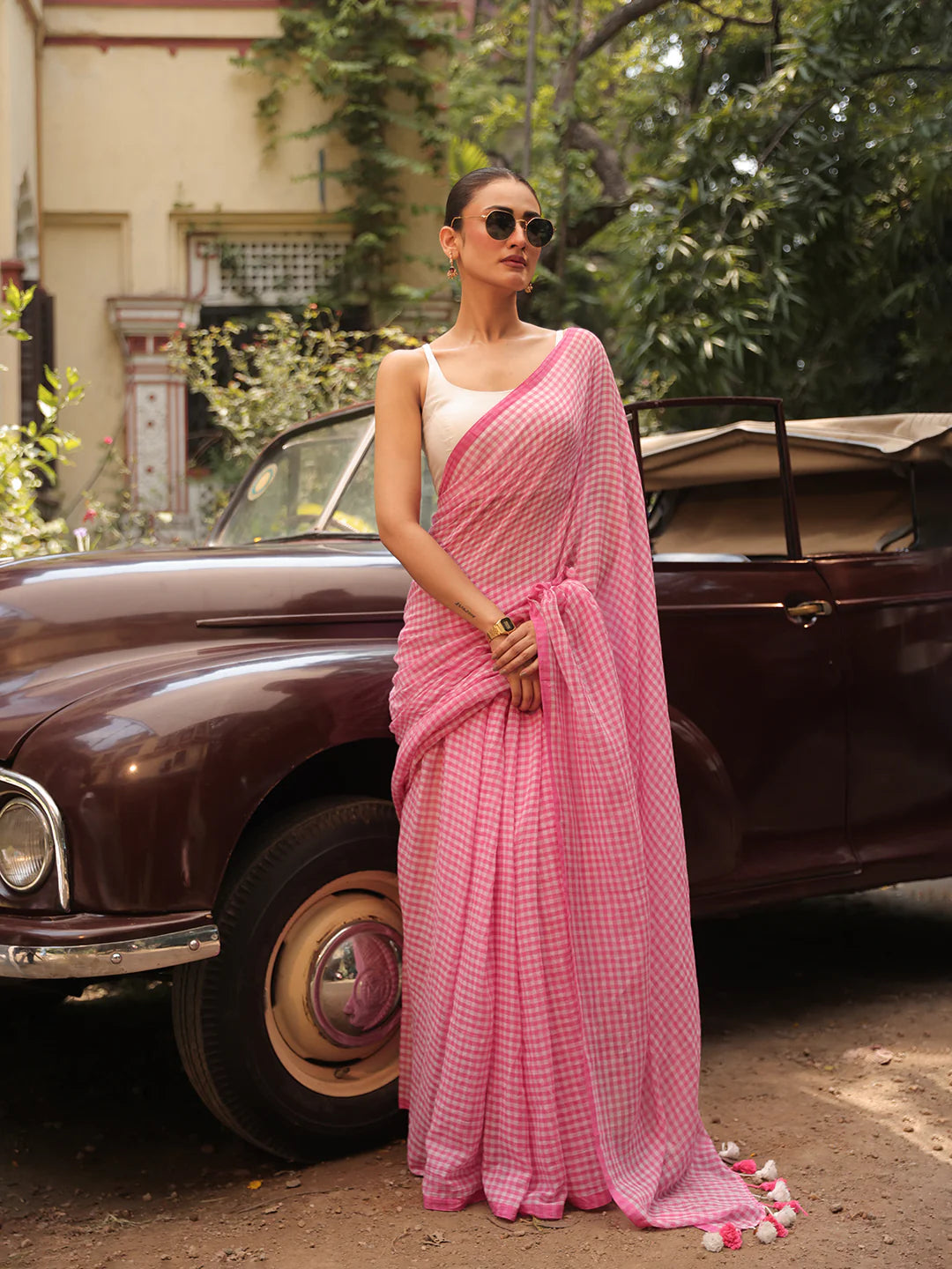 Sky Blue Gingham Mul Cotton Checks Saree