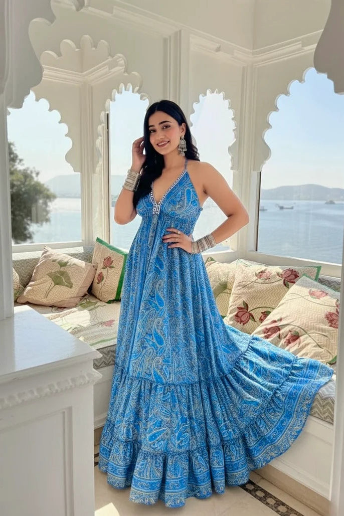 Blue Mirage Paisley Backless Maxi Dress