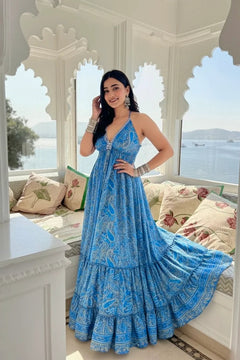 Blue Mirage Paisley Backless Maxi Dress