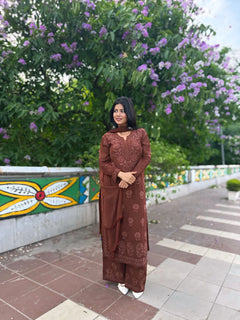 Mocha Blossom Viscose Georgette Straight Chikankari  Kurta Set