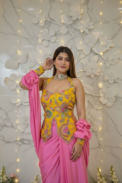 Rangrez Radiance Mustard Embroidered Indo-Western Draped Skirt Set with Pink Drape
