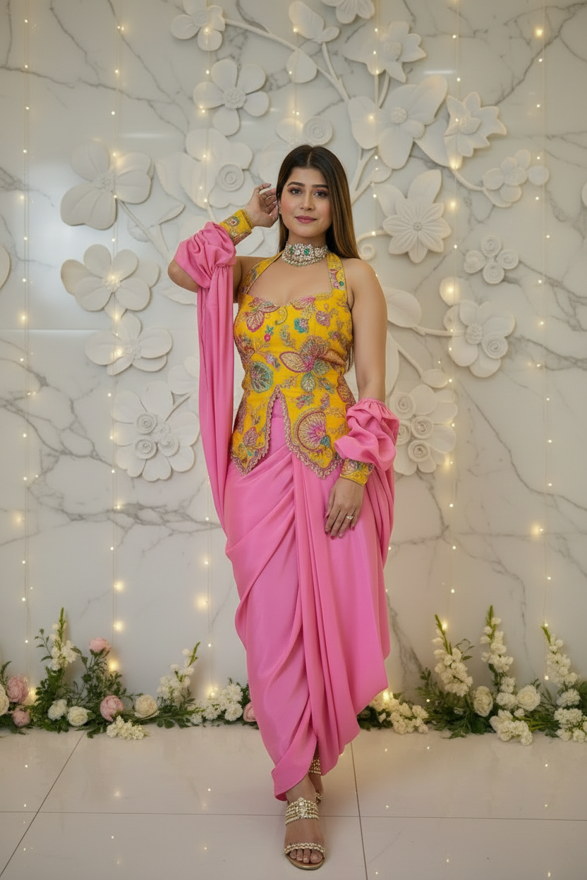 Rangrez Radiance Mustard Embroidered Indo-Western Draped Skirt Set with Pink Drape