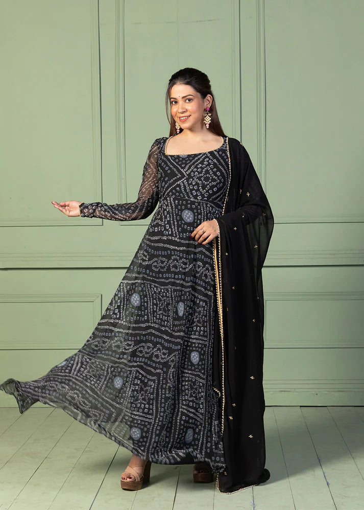 Bandhani Asymmetric Neck Anarkali with Dupatta