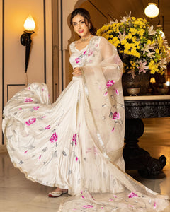Green Hand-Painted Floral Satin Lehenga Set