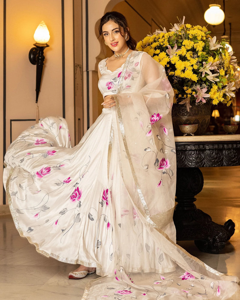 Green Hand-Painted Floral Satin Lehenga Set