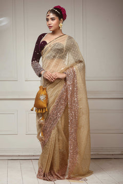Brushed Gold Crush Tissue Saree with Dark Purple Velvet Embroidered Blouse