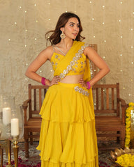 Mustard Chinon Solid Pre-Draped Saree