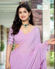 Lavender Georgette Solid Pre-Draped Saree with Blouse