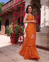 Coral Orange Mirror Work Georgette Saree