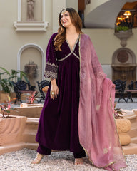 Jamni Purple Velvet Embroidered Kurti Suit