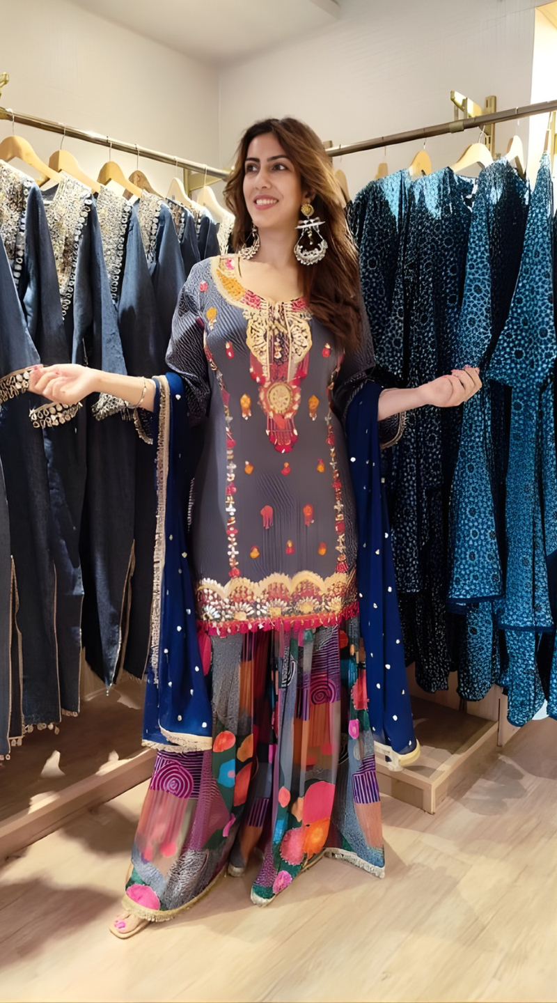 Blue Multicolor Crepe Mirror Work Sharara Set