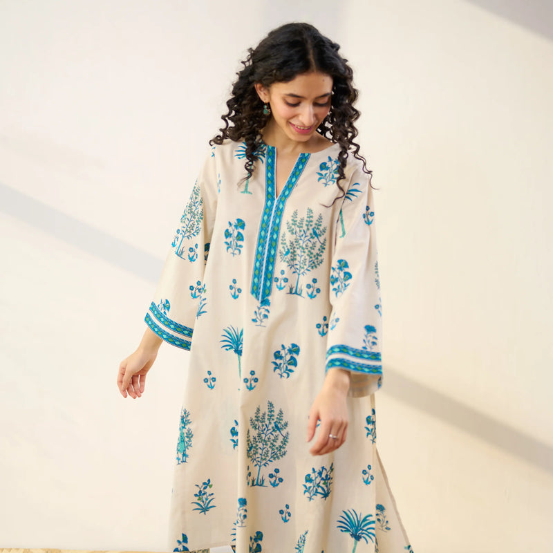Mehfil Cotton Printed Co-ord Set in Off White Monotone- By Reet Lifestye