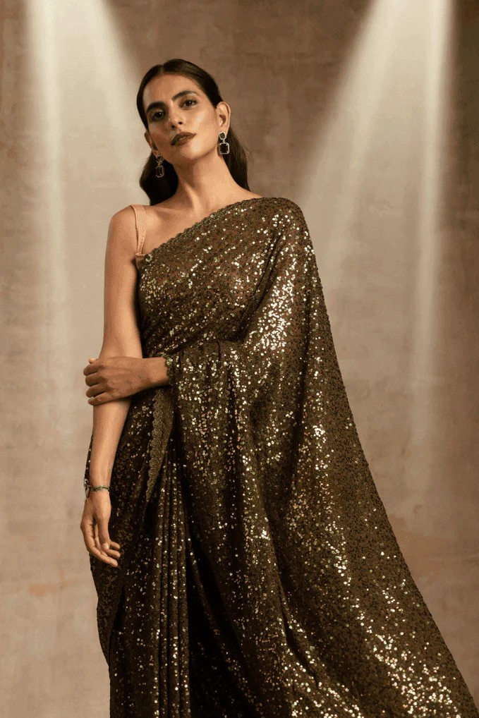 Moss Green Georgette Sequins Saree