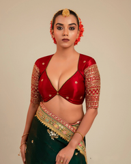 Deep Red saree with Blouse Gaji Silk Elbow Sleeve Saree With Blouse