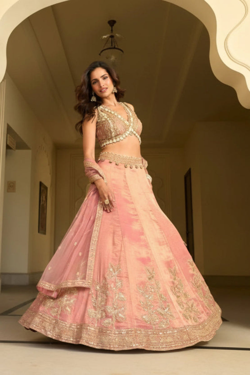Blush Pink Shimmer Embroidered Lehenga Set with Mirror Work Blouse & Sheer Dupatta