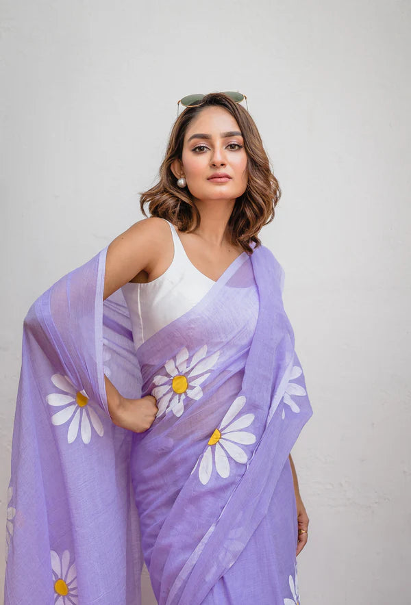 Lavender Handpainted Mulmul Cotton Saree- By Reet Lifestyle