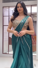 Green Premium Georgette Mirror Work Pre-Draped Saree with Blouse