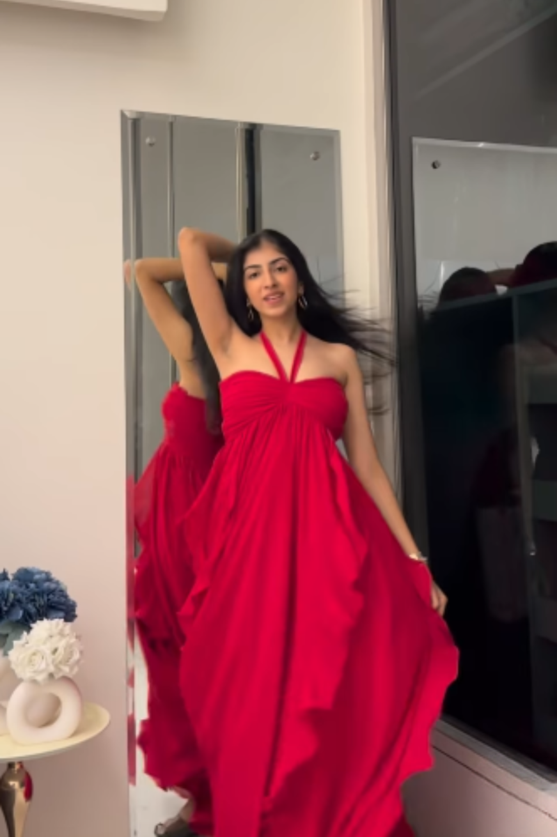 Red Georgette Ruffled Romance Dress