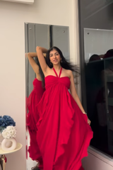 Red Georgette Ruffled Romance Dress