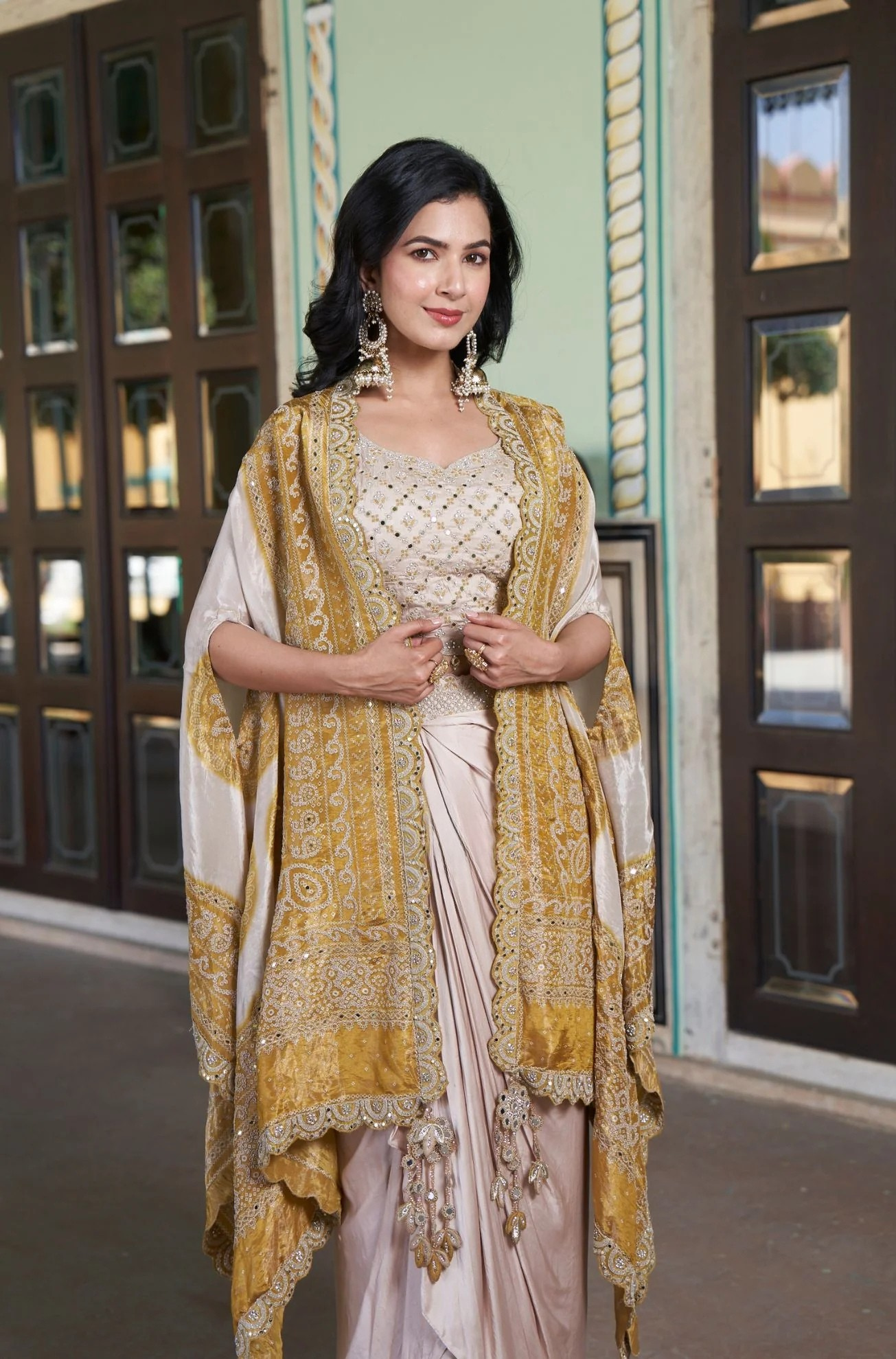 Green Viscose Embroidered Crop Top Skirt