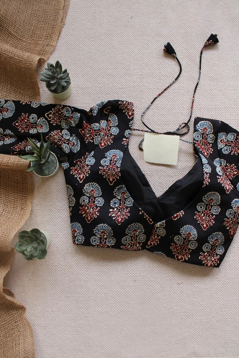 Black Ajrakh Blouse  Modal Silk Padded Blouse