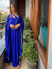 Petal Neck Roman Blue Georgette Anarkali with Dupatta