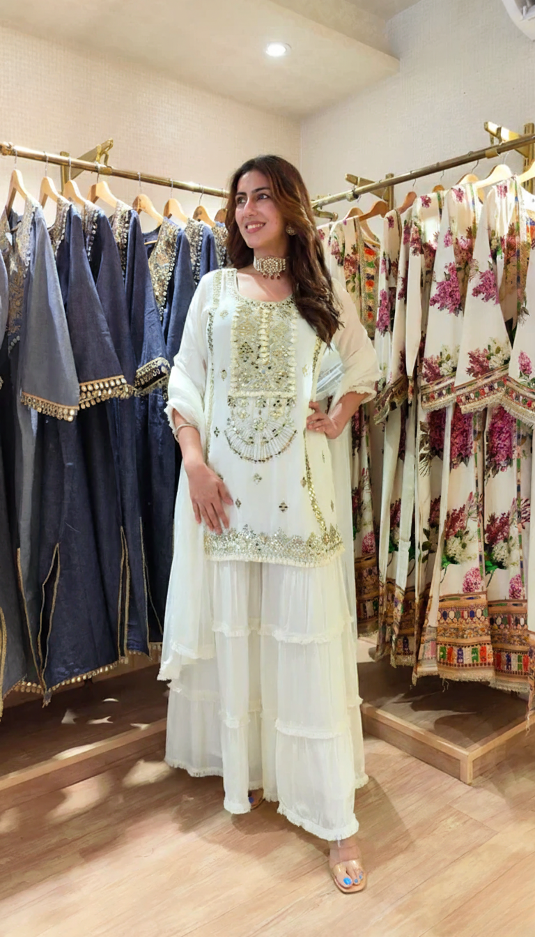 Champagne Grey Mirror Work Sharara Set