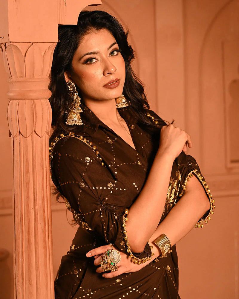 Cotton Rayon Brown Ghunghroo Shirtdress