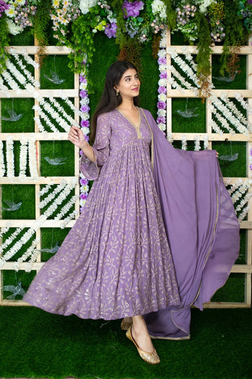 Violet Gold Thread Work Anarkali- By Reet Lifestyle