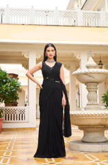 Black Net Pre-Draped Saree with Moti Work
