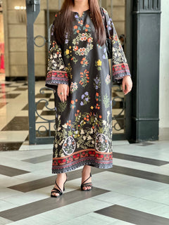 Black Botanical Print Luxe Kaftan Dress