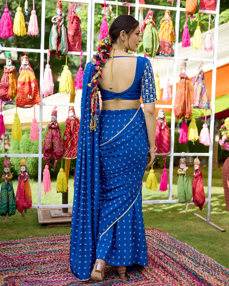 Blue Bandhani Crepe Ready to wear Saree with Blouse
