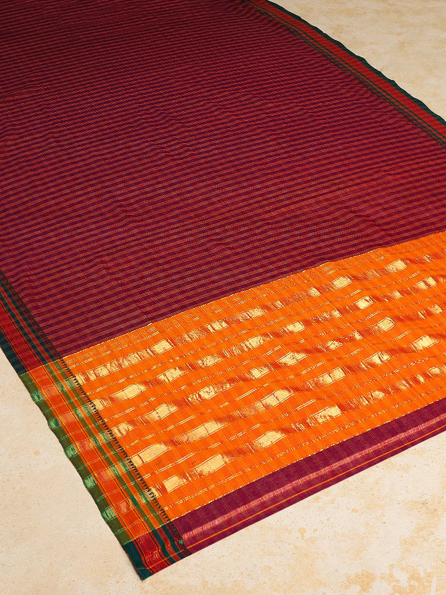 Deep Red Check Cotton Silk Kanchi Chettinad Saree With Zari Border