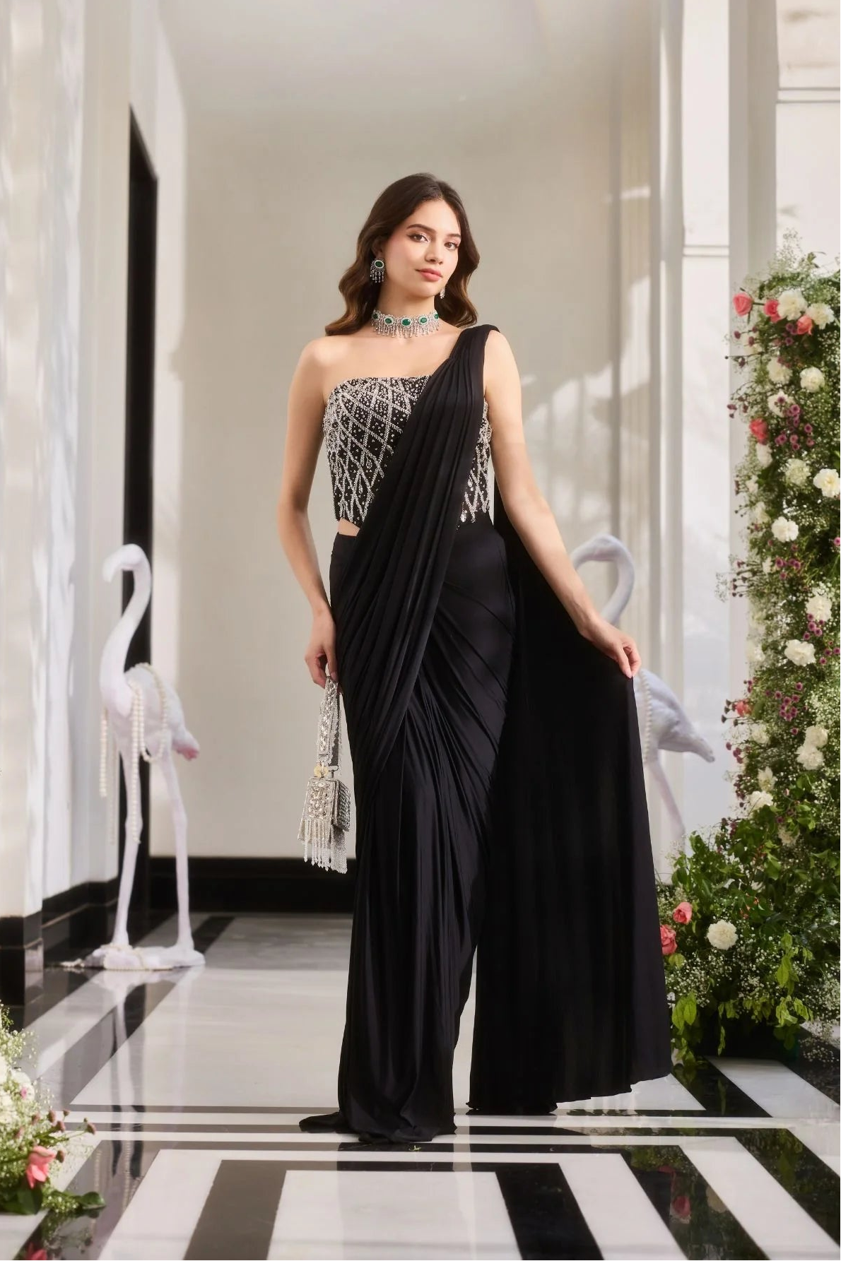 Noor Black Beadwork Pre-Draped Saree with Blouse