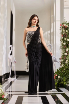 Noor Black Beadwork Pre-Draped Saree with Blouse
