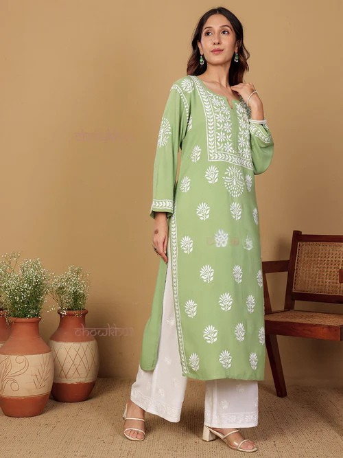 Rayon Long Chikankari Straight Kurti