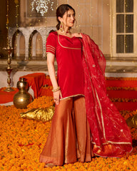 Red Solid Satin Sharara Set