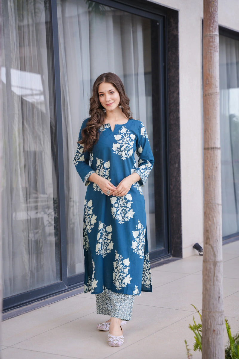 Ramya Blue Cotton Suit Set- By Reet Lifestyle