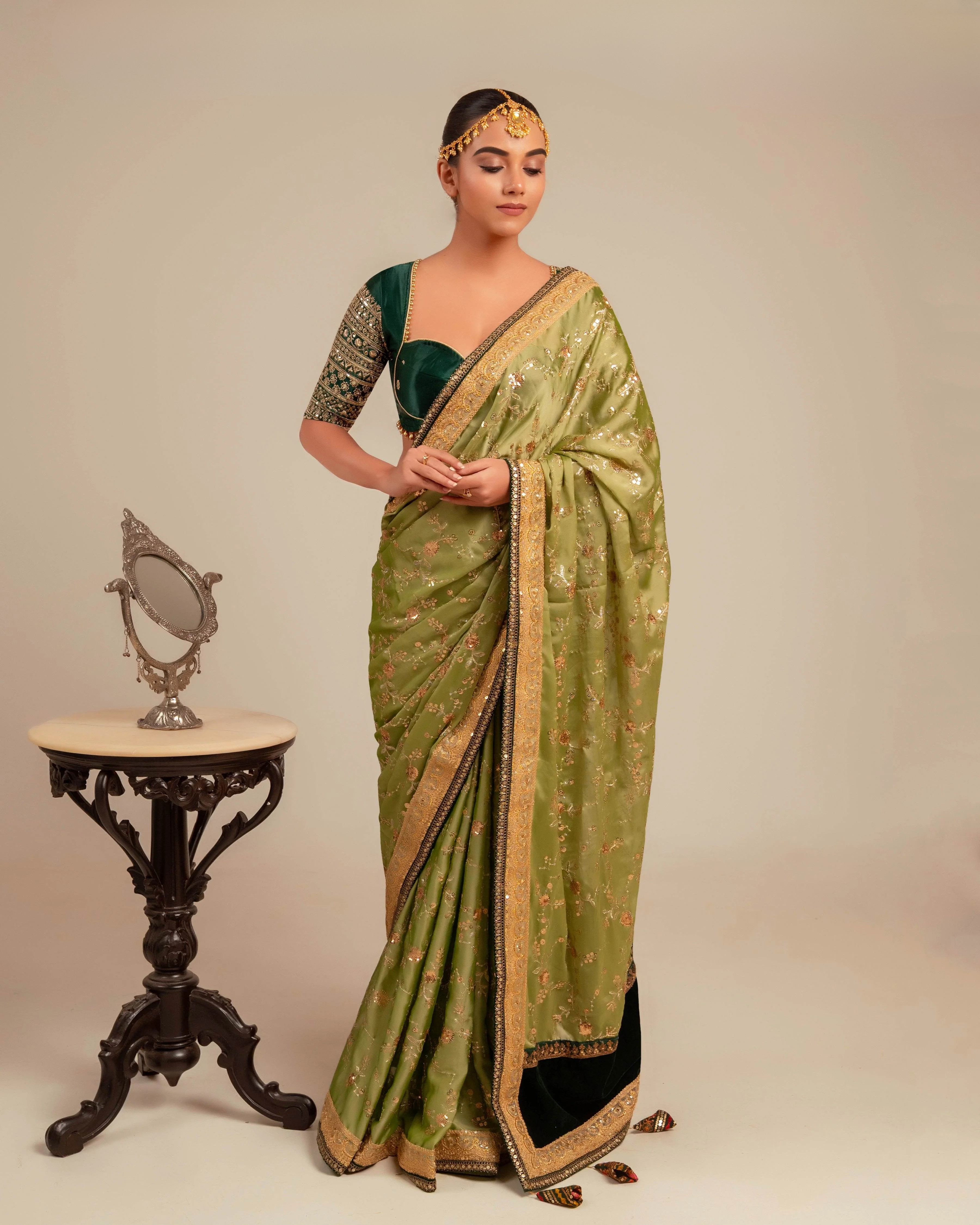 Gaji Silk Deep Green Embellished Blouse