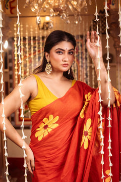 Mastaani- Pure Mul Cotton Handloom Handpainted Saree (Red)- By Reet Lifestyle